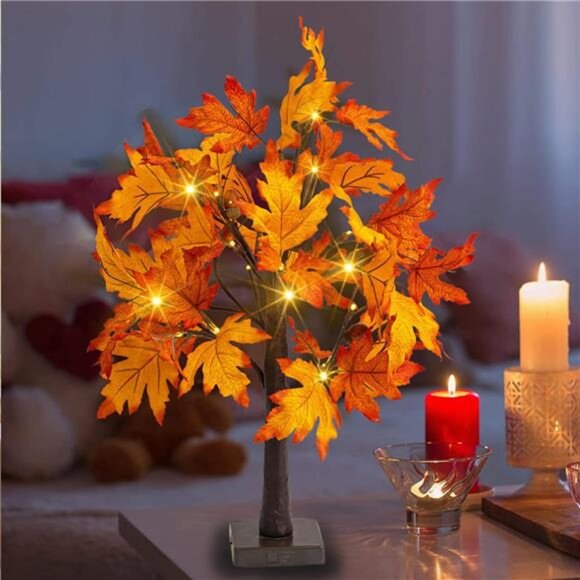 2Pack 24Inch Lighted Thanksgiving Fall Maple Tree Decor, 24 LED Battery Operated - Picture 6 of 8